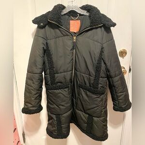 J.Crew black mid length super warm signature puffer coat with Sherpa trim